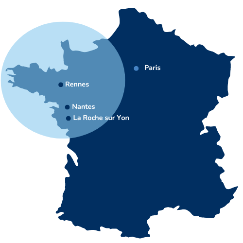 Carte de France, nos champs d'interventions secteur Grand ouest : Région de rennes, région de la Vendée, région de Nantes.